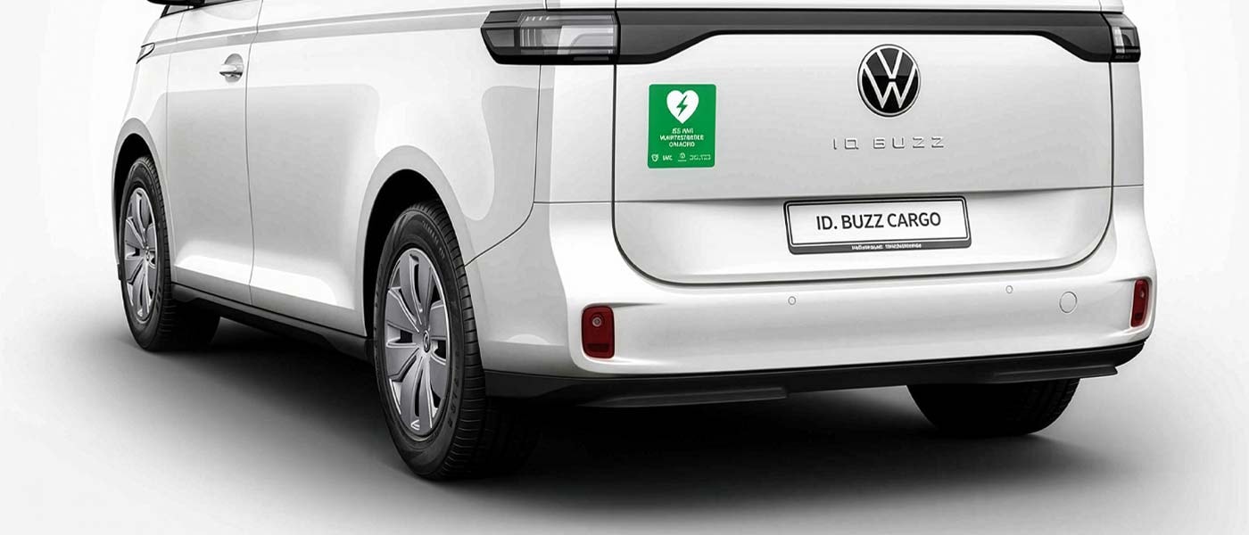 Illustrasjon av Volkswagen nyttekjøretøy, bil med hjertestarter og skilt