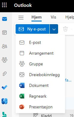 Outlook - blå knapp nedtrekksmeny