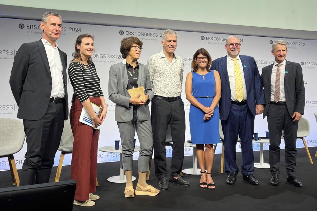 Fra en paneldebatt. Forelesere, fra venstre Prof. Michael Kreuter (D), Dr. Orianne Dumas (FR), prof. Isabella Annesi Maesano (Fr), prof.  Gisli Jenkins (UK), ass. prof. Sara De Matteis (IT), John Solheim (NO), prof. Vincent Cottin (FR).