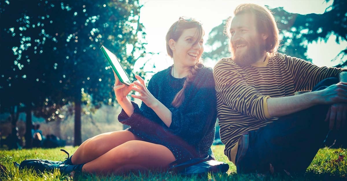 Couple in a park, in the sun